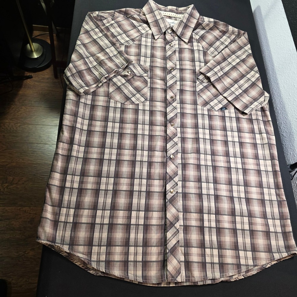 Coastal Mens Brown Plaid Short Sleeve Western Pearl Snap Shirt XL Pointed Yoke